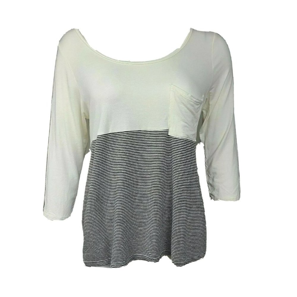 I.NER White Black Striped Colorblock Lightweight 3/4 Sleeve Top Womens Size XL‎